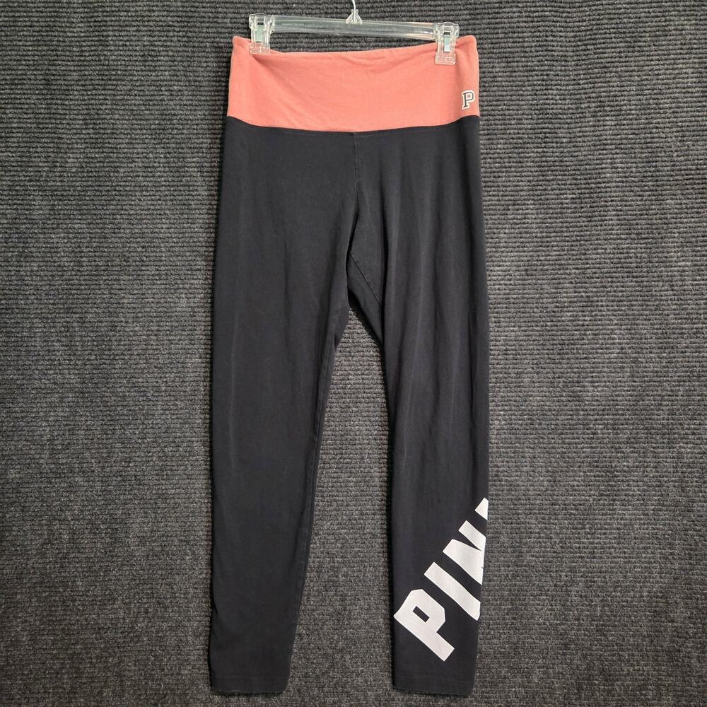 PINK Victoria Secret Yoga Leggings Womens Large Black Coral Foldover Waist Logo